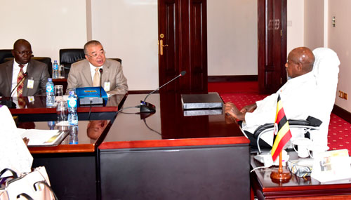 PRESIDENT YOWERI MUSEVENI WITH MR KONG DONG SHENG DIRECTOR SINOAFRICA MEDICINES & HEALTH IN STATE HOUSE